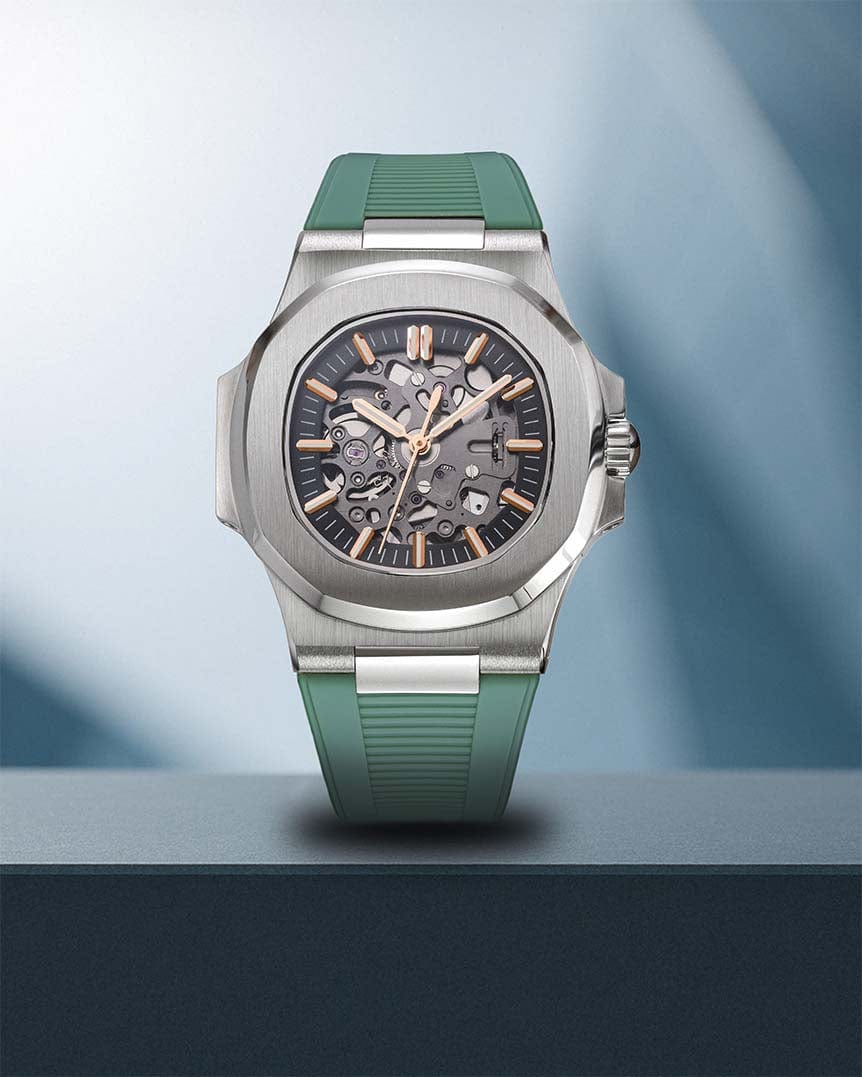 Nomods Aquanaut-Inspired Seiko Mod â Rosegold Accents on Silver Case with Green Strap