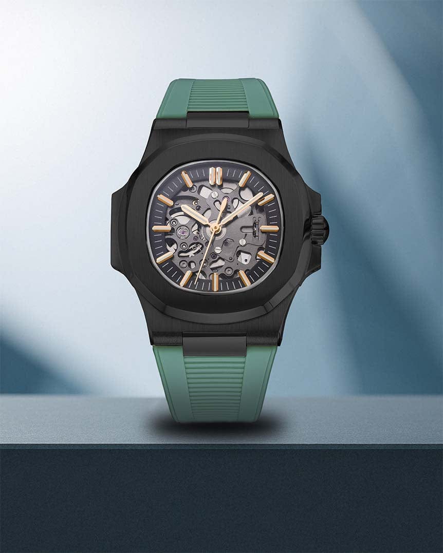 Nomods Aquanaut-Inspired Seiko Mod – Rosegold Accents on Black PVD Case with Green Strap