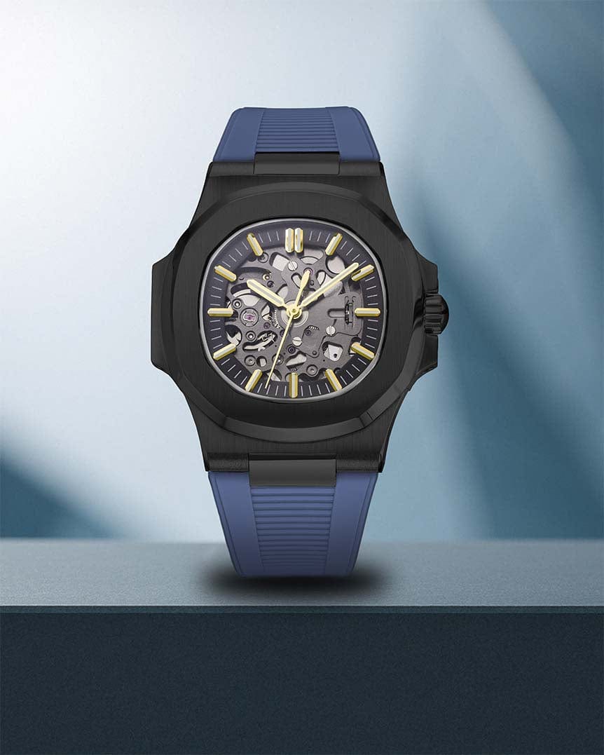 Nomods Aquanaut-Inspired Seiko Mod with Black PVD Finish and Blue Rubber Strap